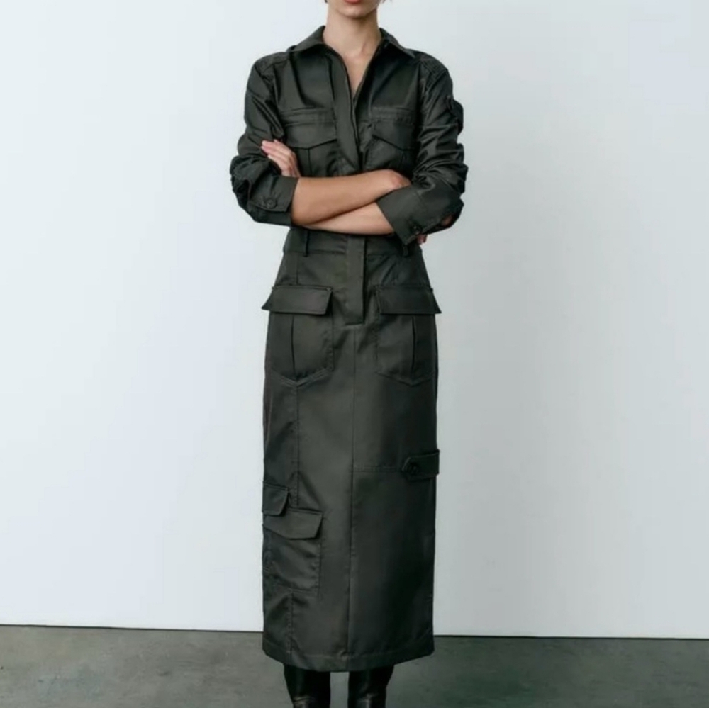 NWOT | ZARA | Olive Green Coated Cargo Dress